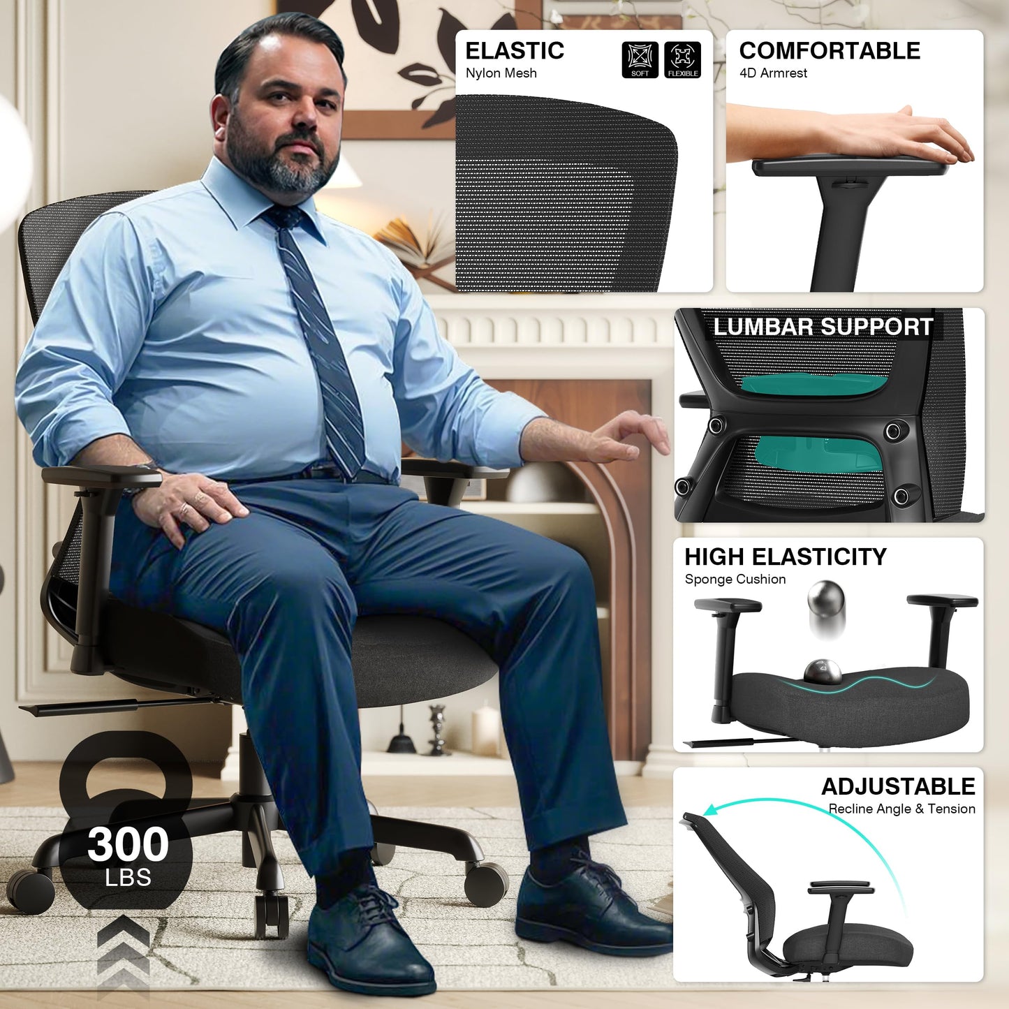 ELABEST T96C Ergonomic Home Office Chair, Mesh Computer Desk Chair with 4D Armrests, Adjustable Lumbar Support,Rolling Swivel Task Chair for Long Hours, Sponge Cushion