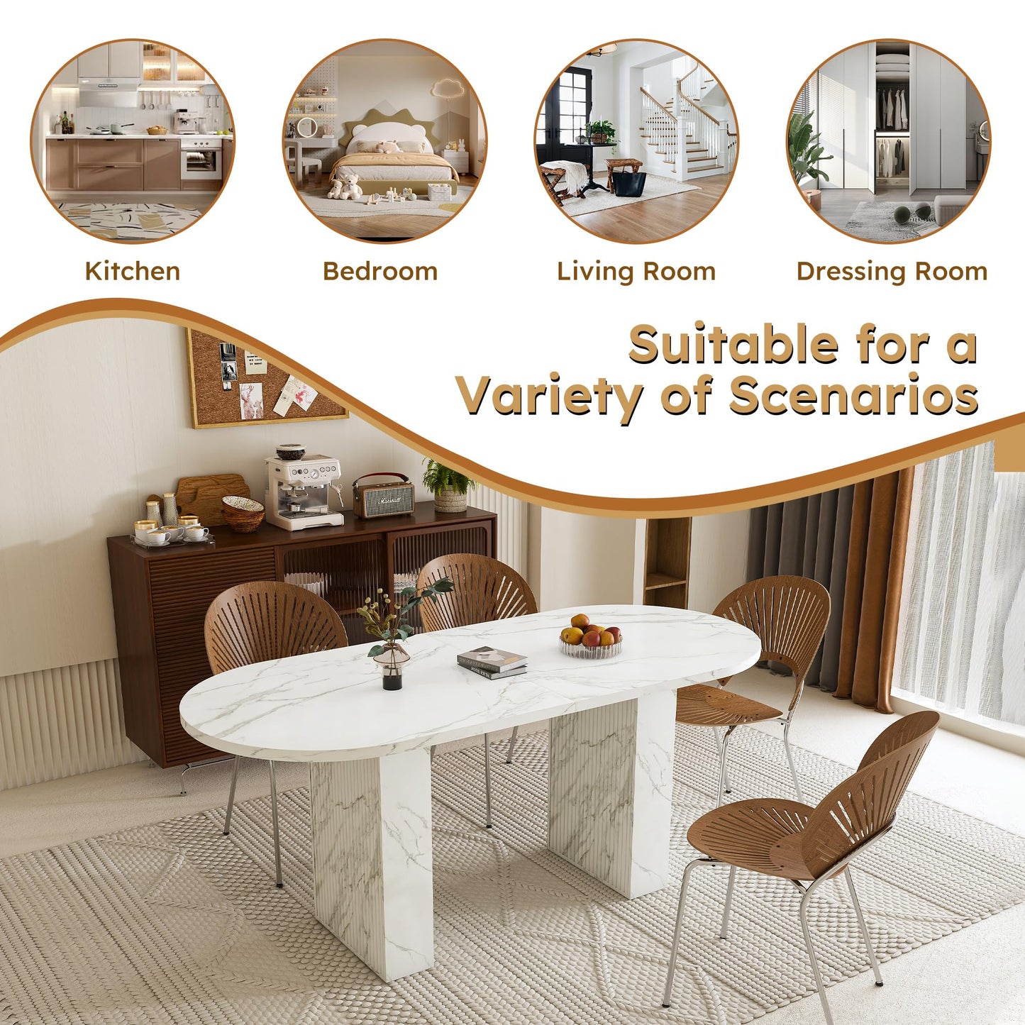 KEIKI 63" Oval Dining Room Table, Modern Farmhouse Dining Table for 6, Kitchen Table with Marble Top and Sturdy Wood Metal Base, Scratch Resistant Surface, White Marble
