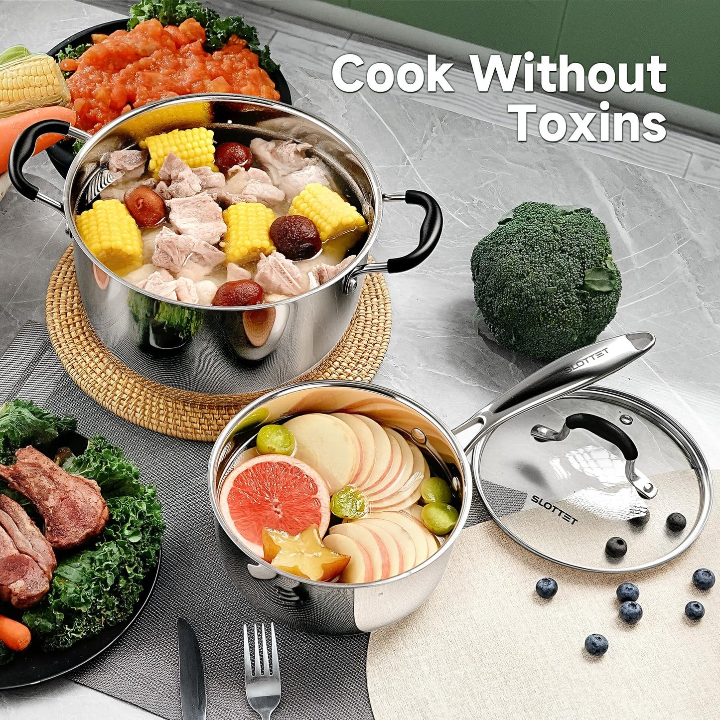 SLOTTET Stainless Steel Kitchen Cookware Set,11 Piece Pots and Pans Set with Steamer,Heat-resistant Handle,Non-Toxic,Induction,Oven,Dishwasher Safe