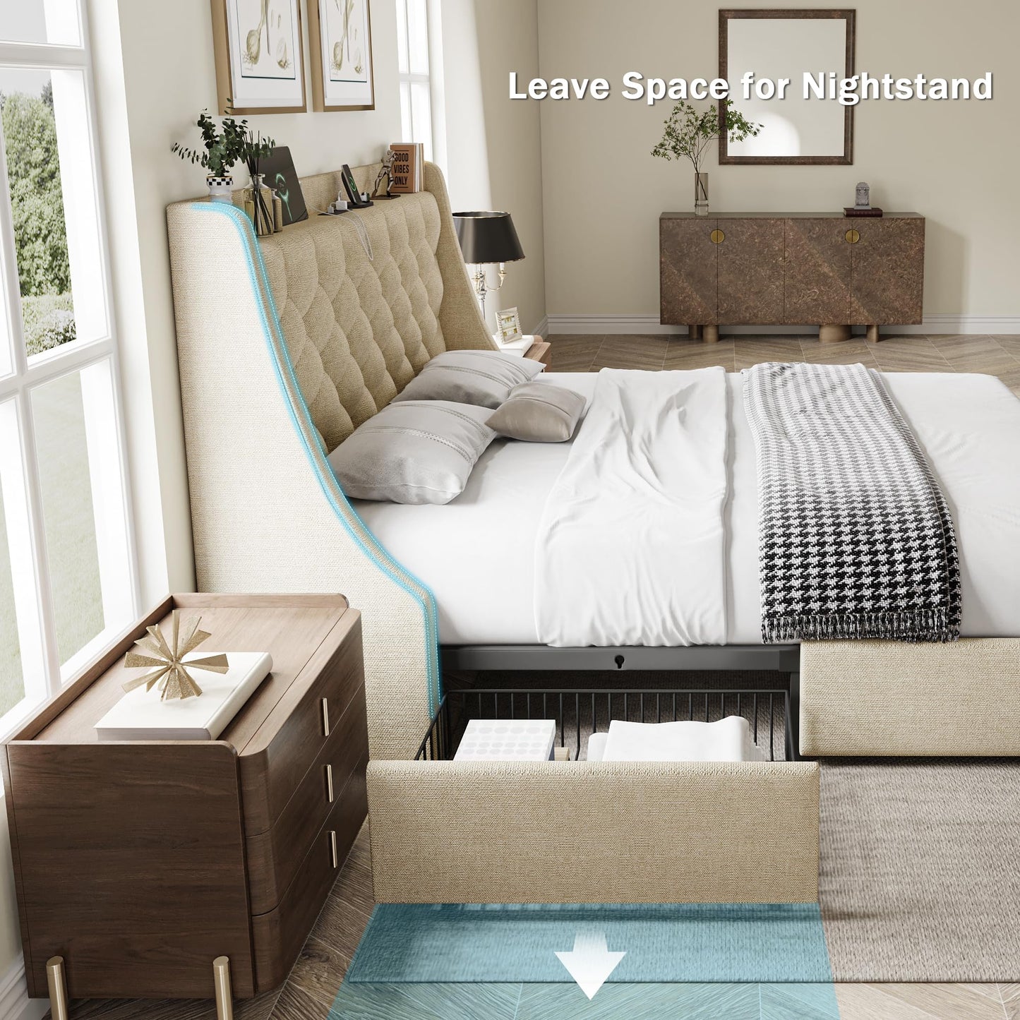 GalnFu Queen Bed Frame with 4 Storage Drawers, Huge Upholstered Wingback Headboard, Fast Charging Station, No Box Spring Needed, Noise-Free, Beige