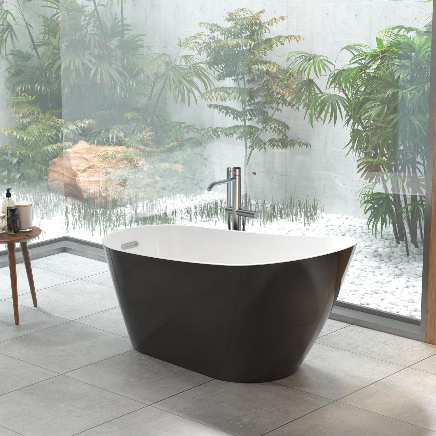 59-Inch Acrylic Freestanding Soaking Bathtub, Deep Standalone Tub with Chrome Drain & Overflow, Black & White Modern Design for Small Bathroom Remodel and Spa