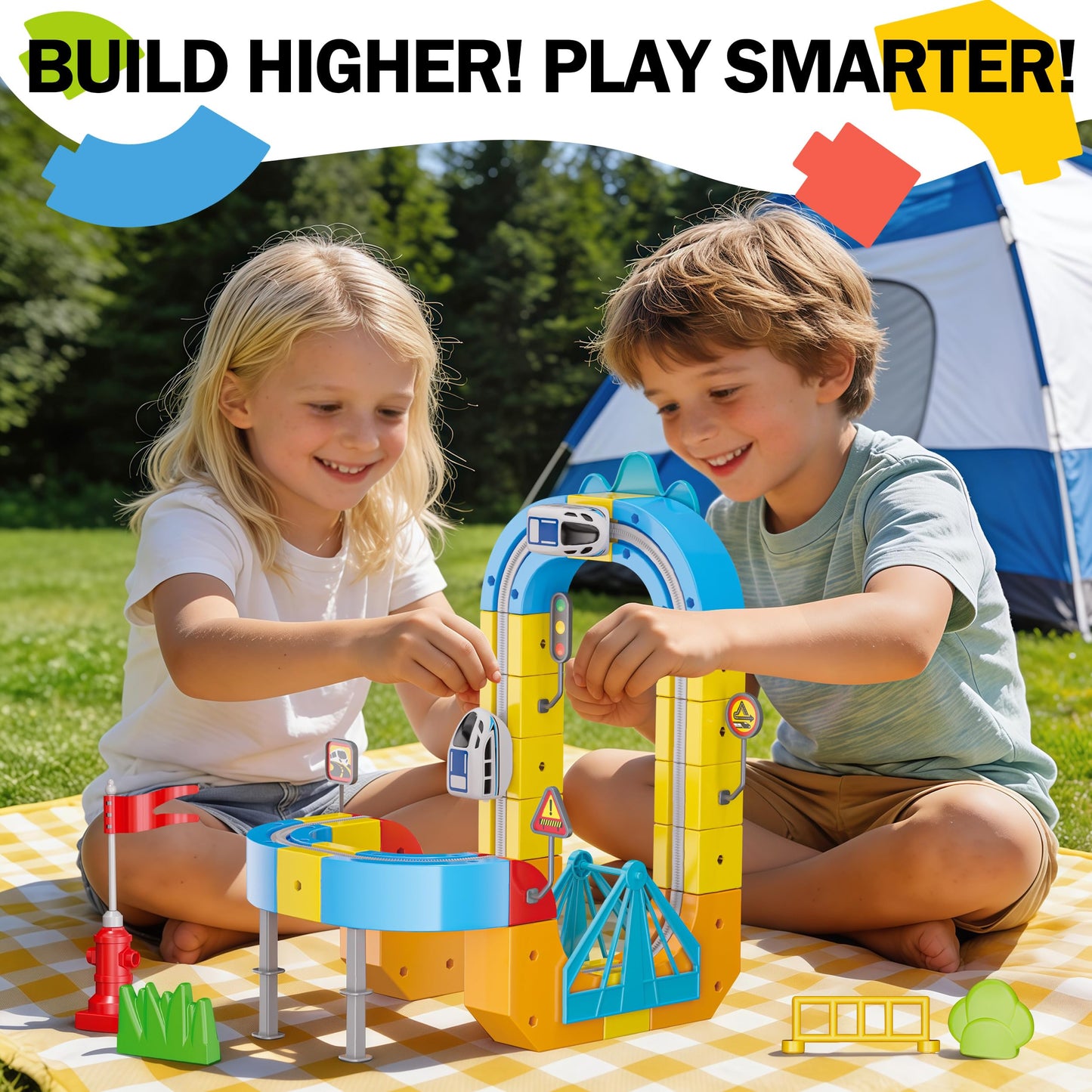 Rail Electric Train Set with Traffic Signs for Kids 3 4 5 6 7 8 Years Old, 60 PCS 3D Magic Flexible Race Car Track, Building Block Toys with Anti-Gravity, Educational STEM Toy Boys Girls Birthday