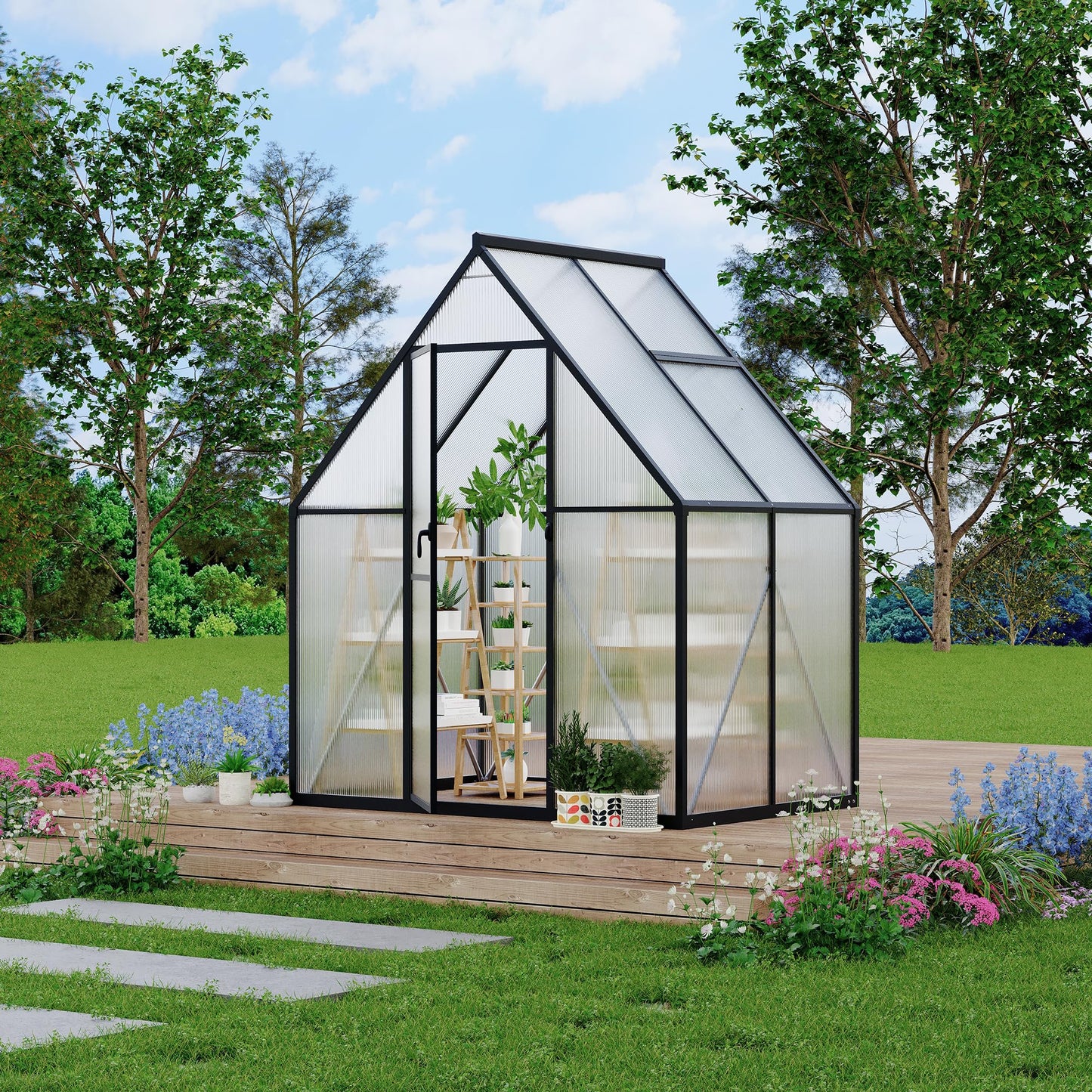 Aluminum Polycarbonate Greenhouse for Outdoors, Large Walk-InGreenhouse With Quick Setup Structure and Roof Vent, Greenhouse With Ventilation
