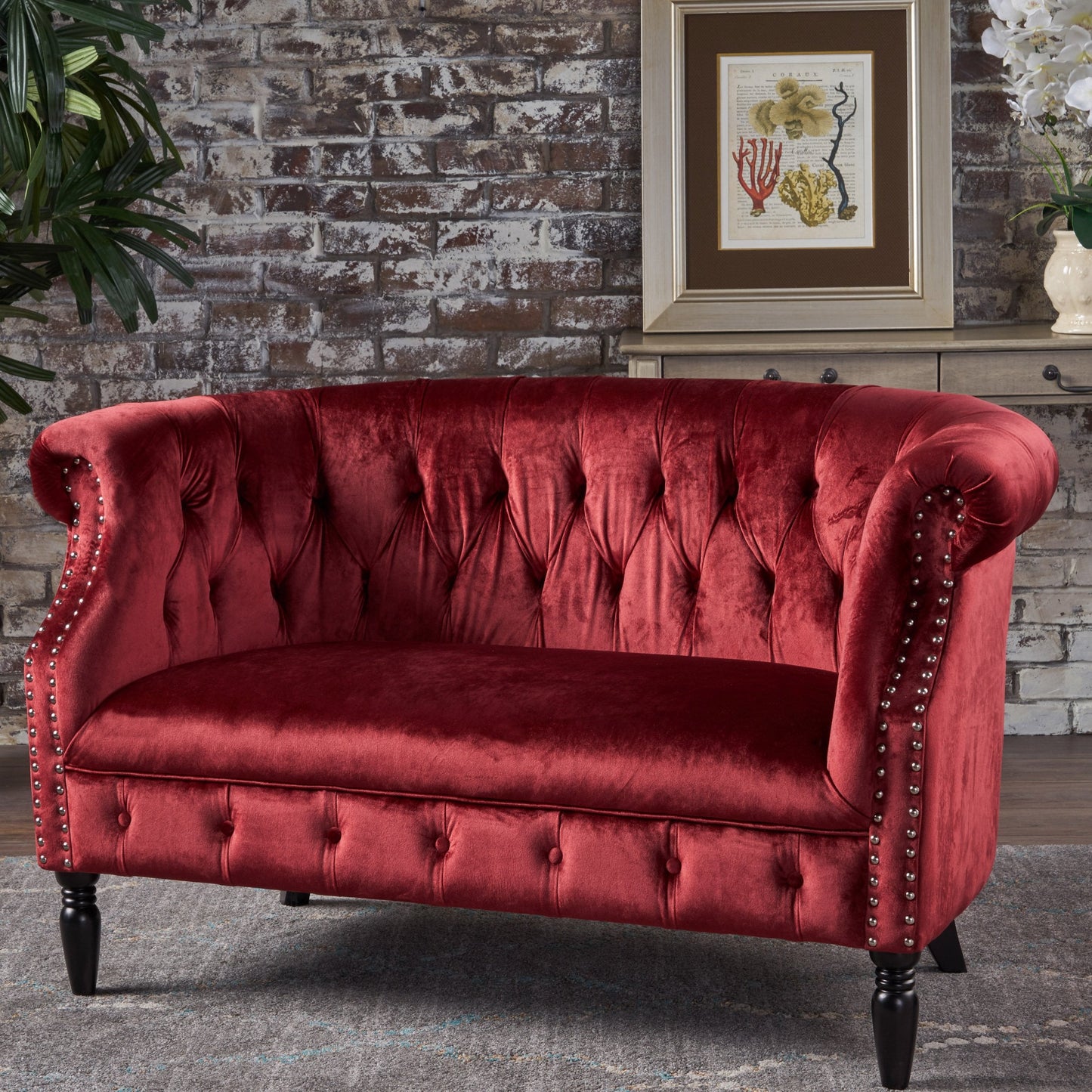 GDFStudio Melaina Tufted Chesterfield Velvet Loveseat with Scrolled Arms, Garnet and Dark Brown