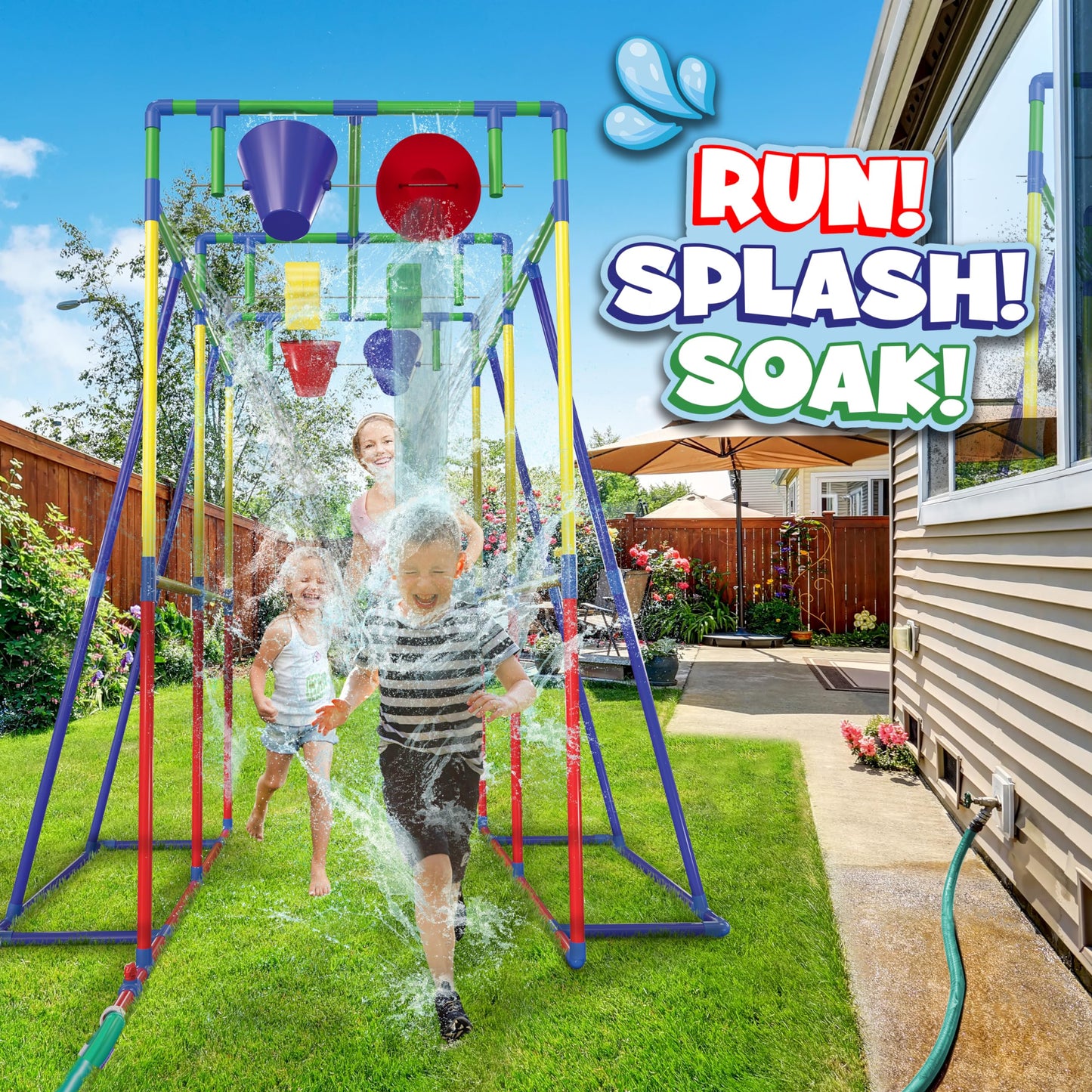 PUDDLE SPLASHERS Outdoor Water Play for Kids, Backyard Waterpark Sprinkler Summer Toy, Fun Outside Play Structure for Kids with Sprinkler, Water Buckets and Splash Wheels, Family Backyard Waterpark