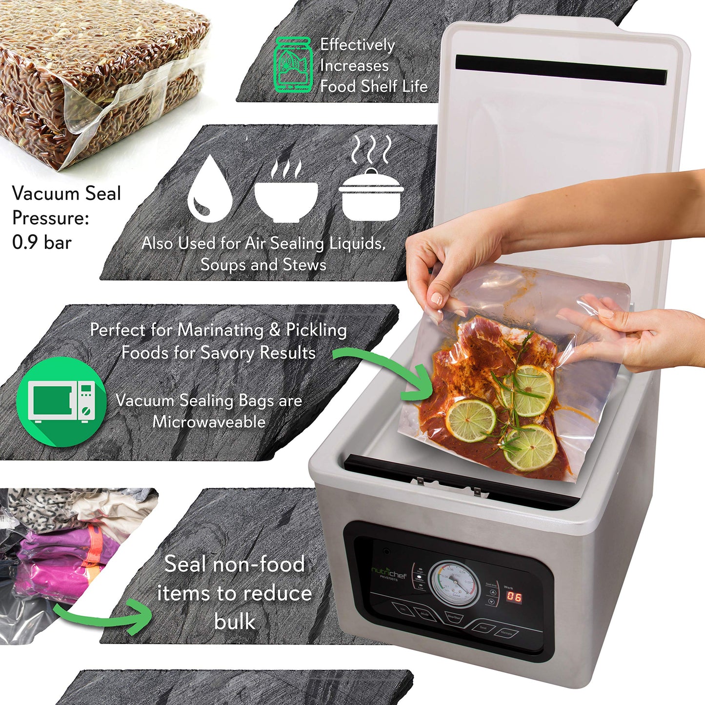 NutriChef 350W Vacuum Sealer Machine - 8L Chamber Commercial Food Sealer, Automatic Meat Packing and Sous Vide System with Digital Control, Includes Vacuum Roll Bags