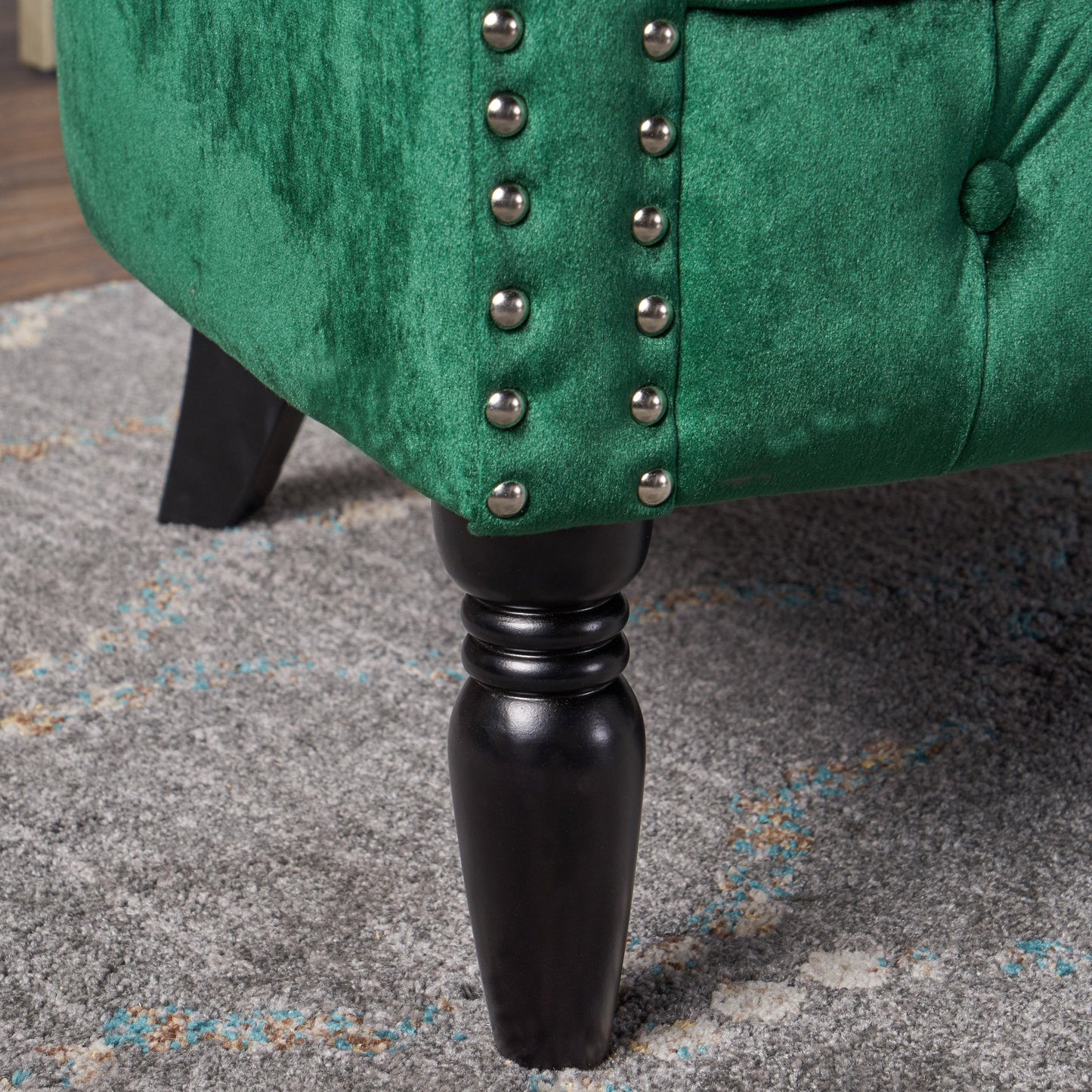GDFStudio Melaina Tufted Chesterfield Velvet Loveseat with Scrolled Arms, Emerald and Dark Brown.