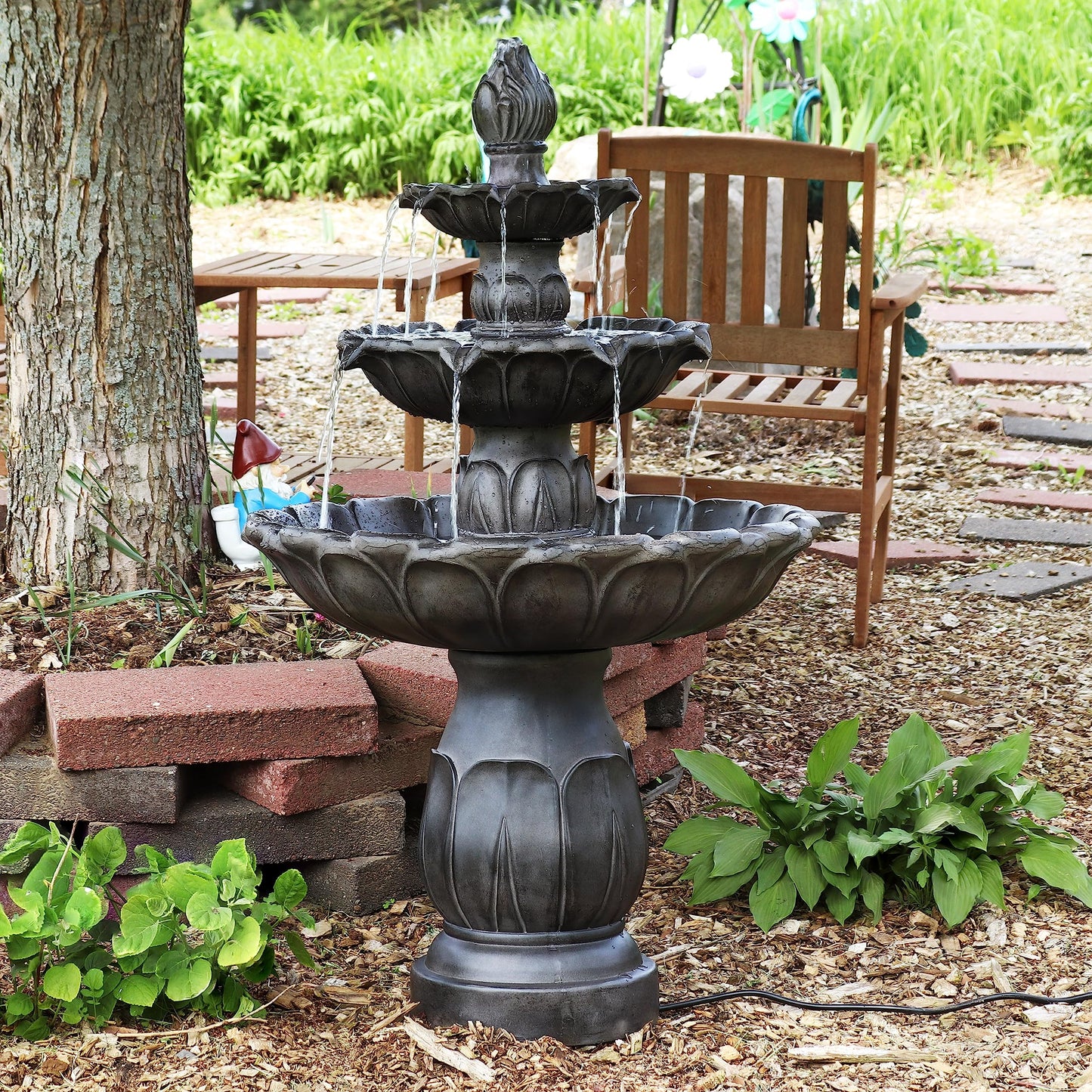 Sunnydaze Classic Tulip 46" Tiered Outdoor Water Fountain - 3-Tiered Outdoor Fountain for Garden, Patio, or Backyard - Dark Brown