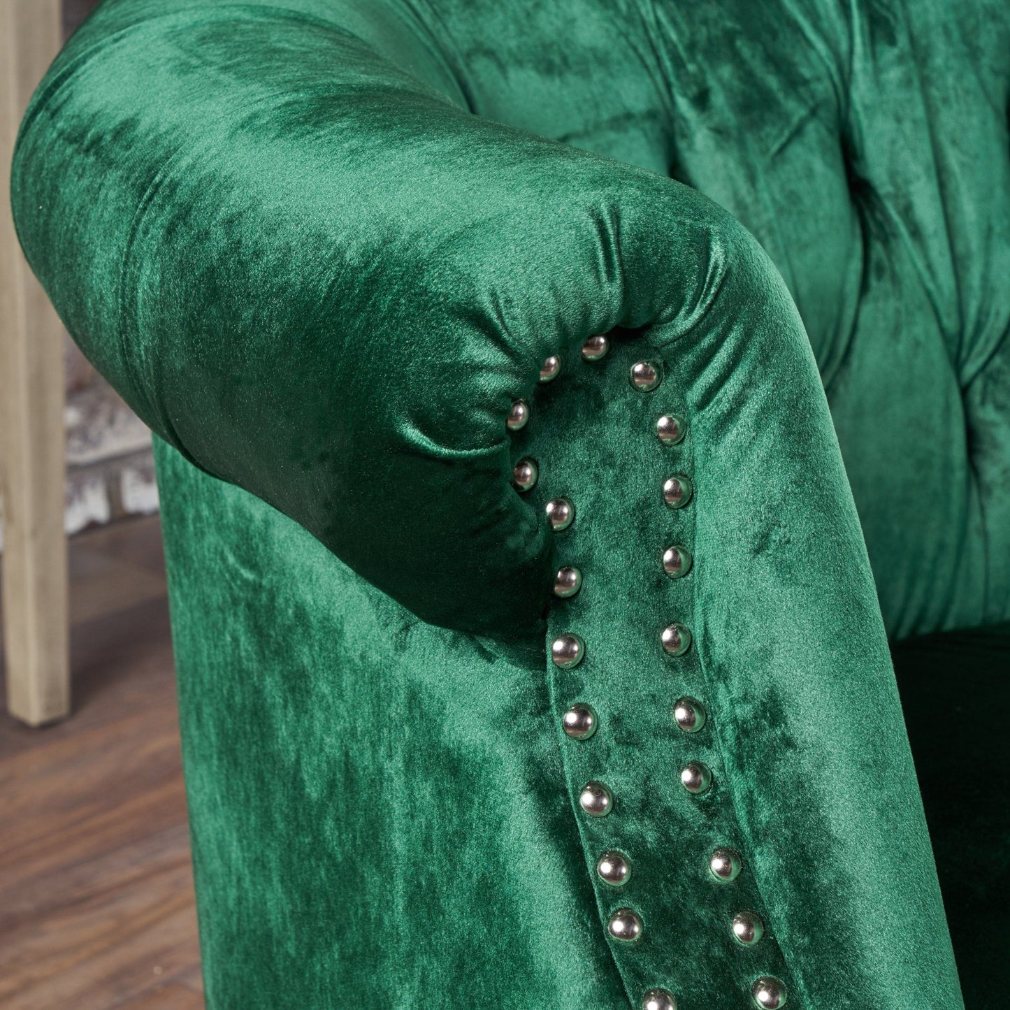 GDFStudio Melaina Tufted Chesterfield Velvet Loveseat with Scrolled Arms, Emerald and Dark Brown.