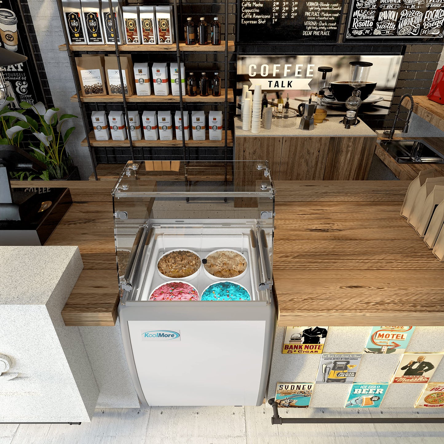 Koolmore 26 inch Commercial Ice Cream Dipping Cabinet Display Case, 4 Large Displayed Tubs, 2 Storing Tube, Sliding Glass Door, Rolling Wheels and Lockable Breaks [5.7 Cu. Ft.] (KM-ICD-26SD) White
