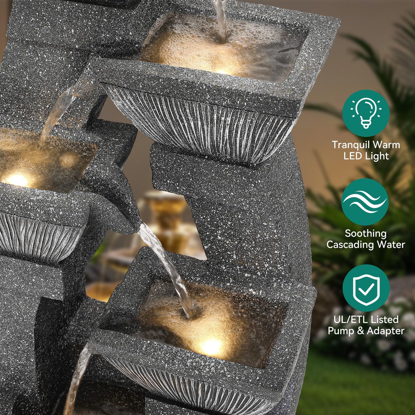 Ultym 40.5" Outdoor Fountain, Four-Column & Bowls Water Feature with LED Lights, Modern Resin Soothing Cascading Waterfall for Patio, Backyard, Garden or Porch