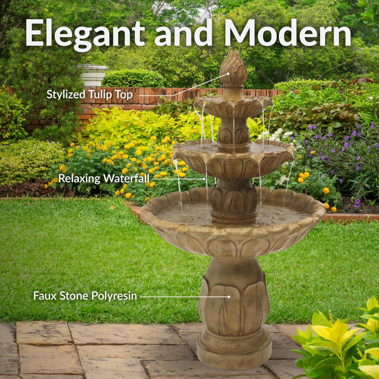 Sunnydaze Classic Tulip 46" Tiered Outdoor Water Fountain - 3-Tiered Outdoor Fountain for Garden, Patio, or Backyard - Garden Stone