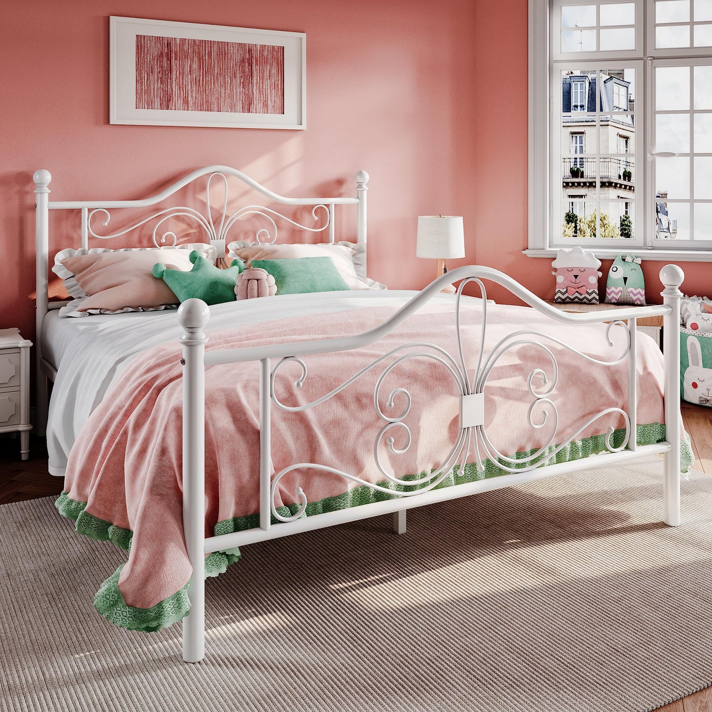 SHA CERLIN Queen Size Bed Frame with Headboard,Metal Bed Frame with Butterfly Pattern Design Headboard & Footboard,No Box Spring Needed,Easy Assembly,White