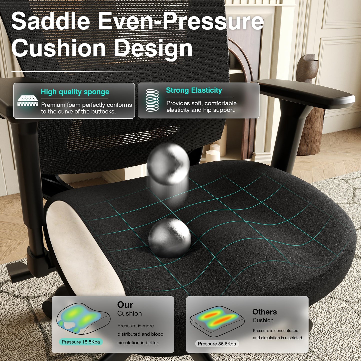 ELABEST T96C Ergonomic Home Office Chair, Mesh Computer Desk Chair with 4D Armrests, Adjustable Lumbar Support,Rolling Swivel Task Chair for Long Hours, Sponge Cushion