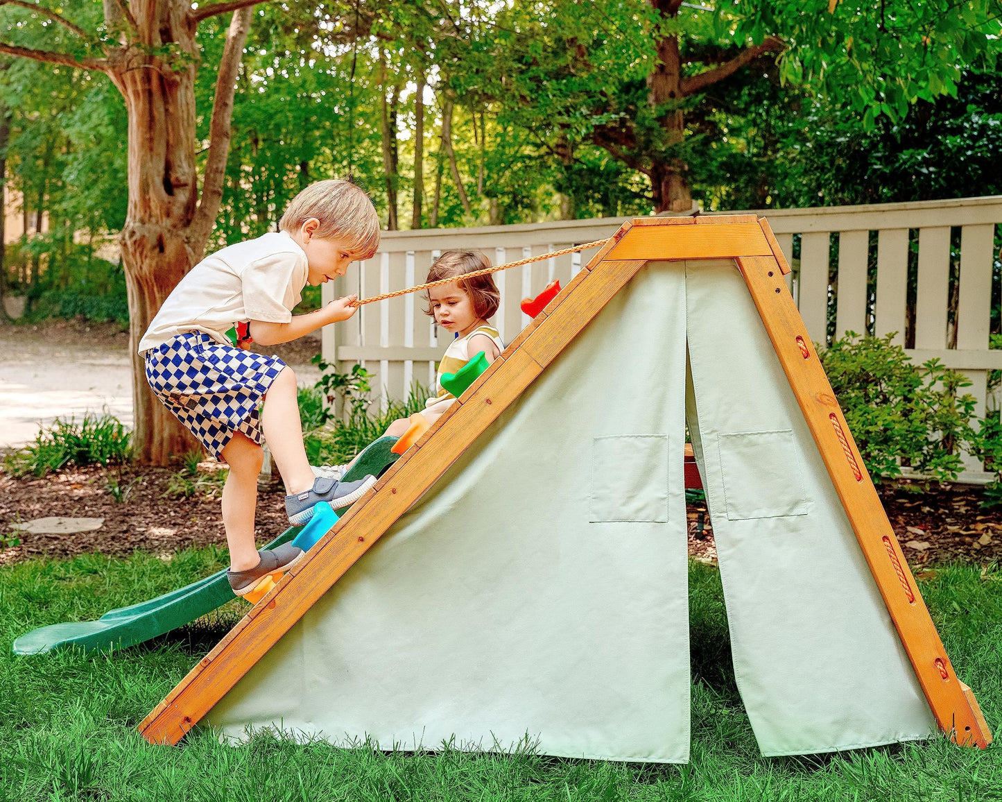 Avenlur Palm Outdoor and Indoor Playground 5 in 1 Backyard Playset with Ladder, Rock Wall, 4 ft. Slide, Tent Fort, Montessori Style Play Set Climber Playhouse Toddlers, Children, Kids 2-6yr (Green)