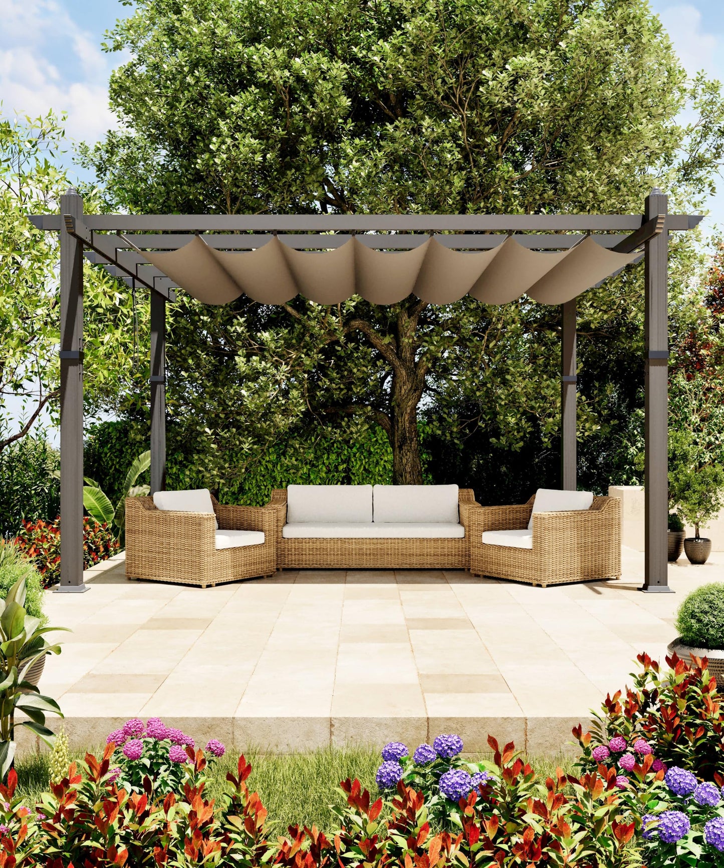 GarveeLife 10x13 ft Aluminum Pergola, Outdoor Metal Pergola with Adjustable Canopy, Reinforced Frame Outdoor Shelter for Backyard, Garden and Deck - Khaki